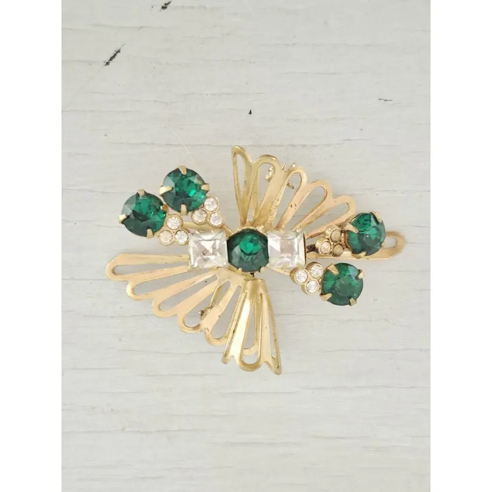 Vintage Emerald Green Rhinestone Gold-Tone Brooch